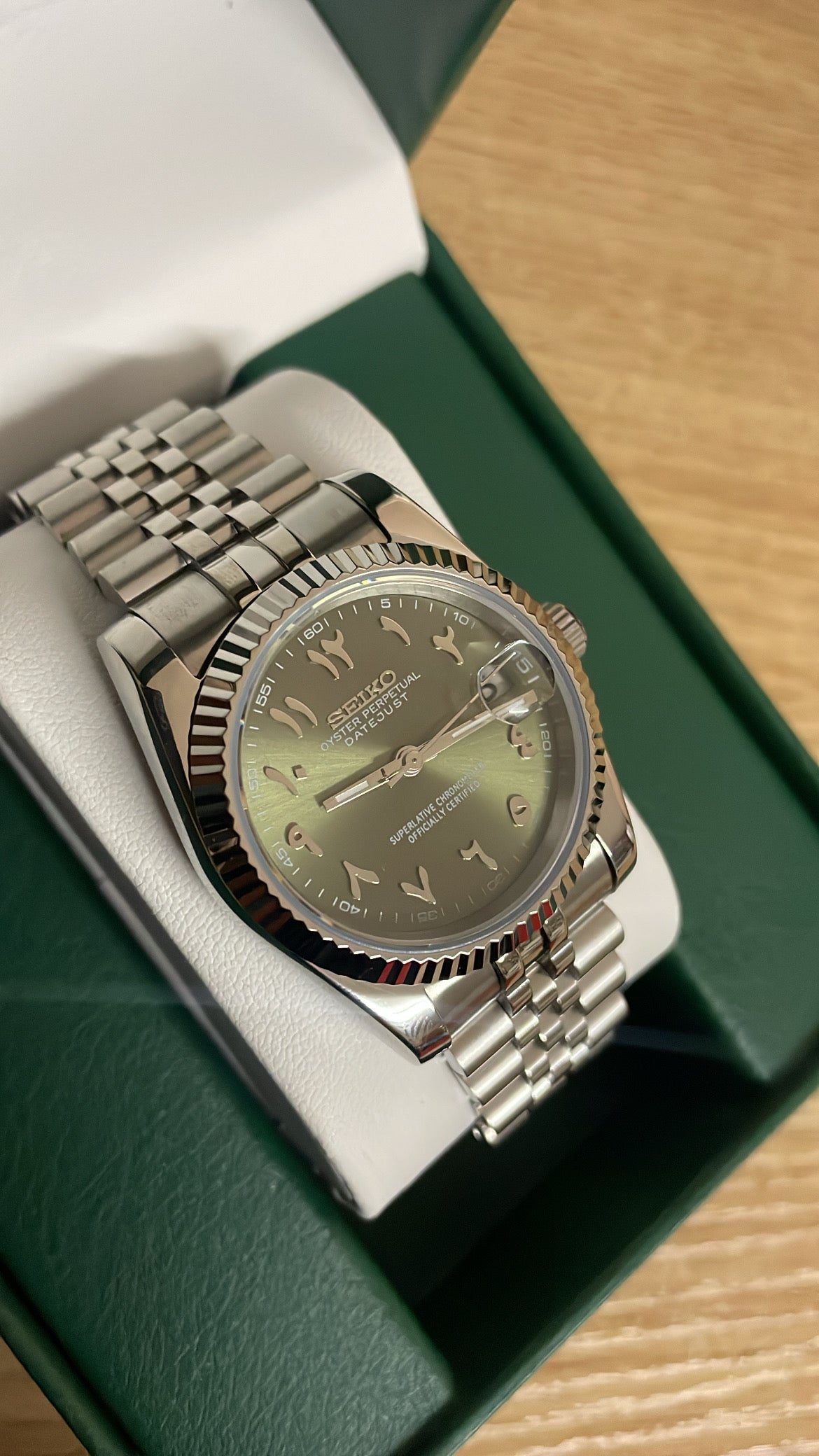 Seiko mod - Olive arabic dial Jubilee bracelet